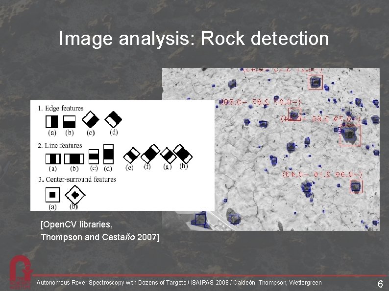 Image analysis: Rock detection [Open. CV libraries, Thompson and Castaño 2007] Autonomous Rover Spectroscopy