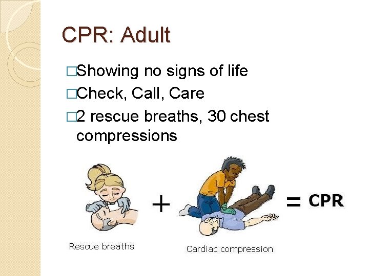 CPR: Adult �Showing no signs of life �Check, Call, Care � 2 rescue breaths,