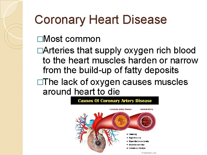 Coronary Heart Disease �Most common �Arteries that supply oxygen rich blood to the heart