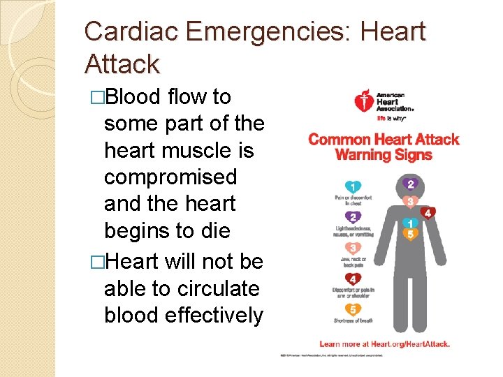 Cardiac Emergencies: Heart Attack �Blood flow to some part of the heart muscle is