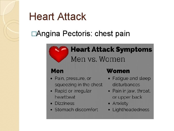 Heart Attack �Angina Pectoris: chest pain 