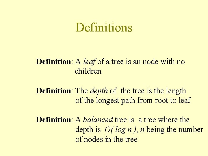 Definitions Definition: A leaf of a tree is an node with no children Definition: