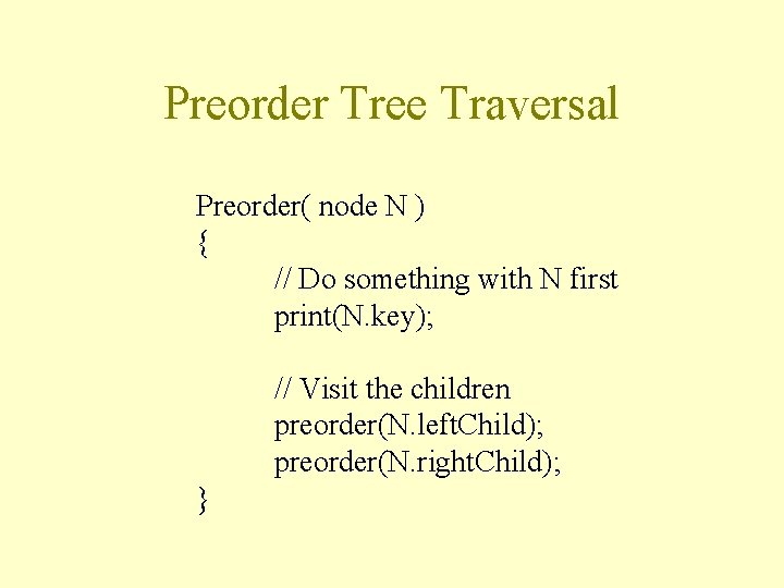 Preorder Tree Traversal Preorder( node N ) { // Do something with N first