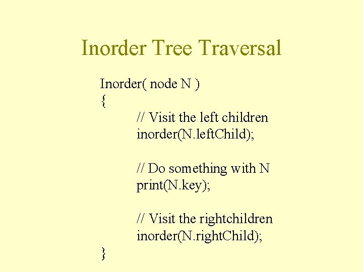 Inorder Tree Traversal Inorder( node N ) { // Visit the left children inorder(N.
