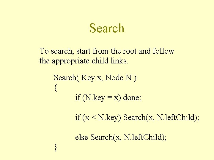 Search To search, start from the root and follow the appropriate child links. Search(