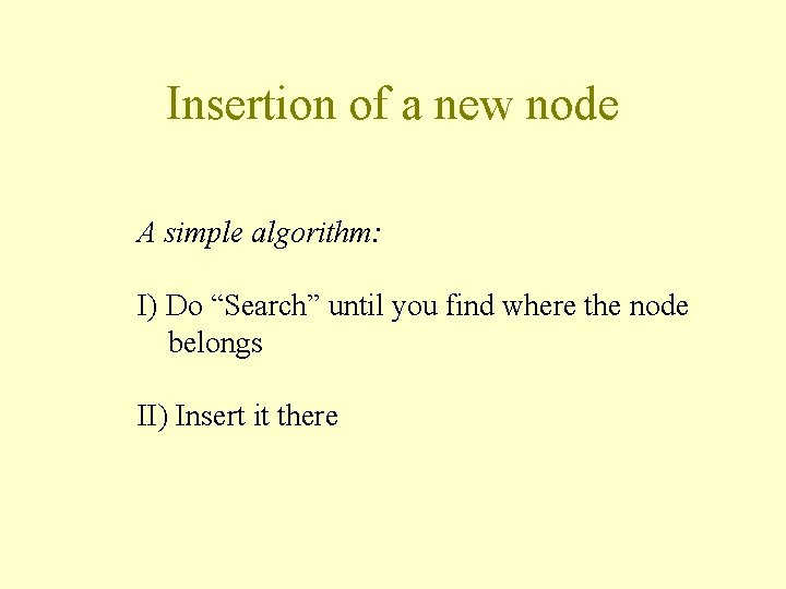 Insertion of a new node A simple algorithm: I) Do “Search” until you find