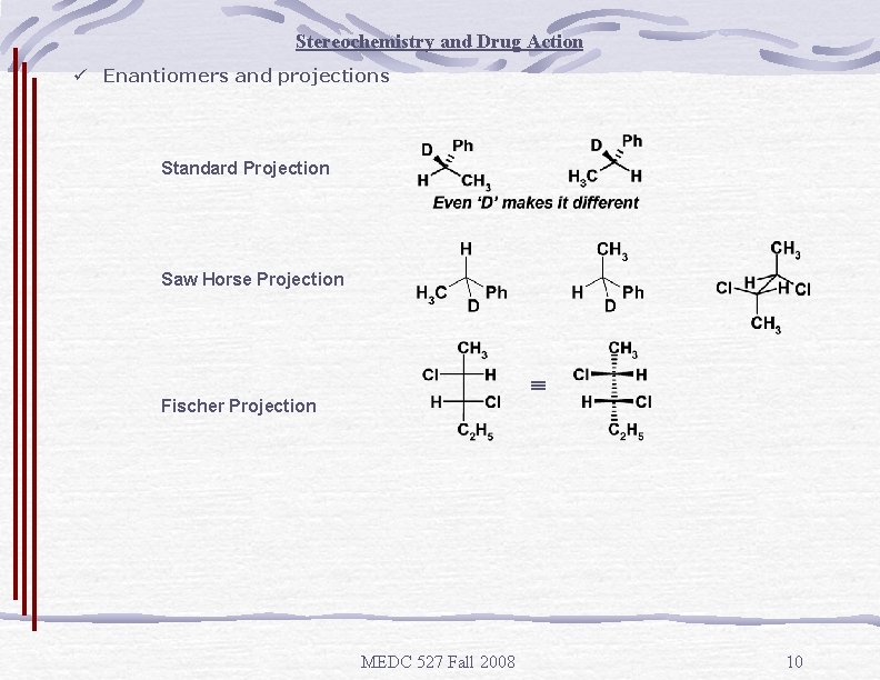 Stereochemistry and Drug Action ü Enantiomers and projections Standard Projection Saw Horse Projection Fischer