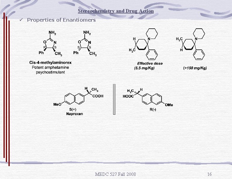 Stereochemistry and Drug Action ü Properties of Enantiomers MEDC 527 Fall 2008 16 