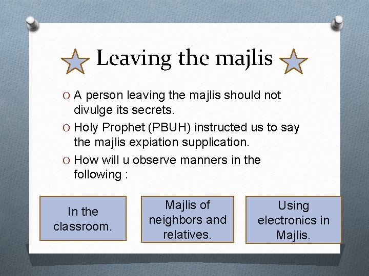 Leaving the majlis O A person leaving the majlis should not divulge its secrets.