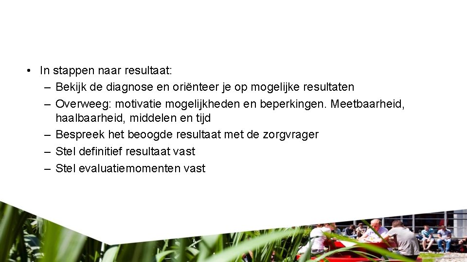  • In stappen naar resultaat: – Bekijk de diagnose en oriënteer je op