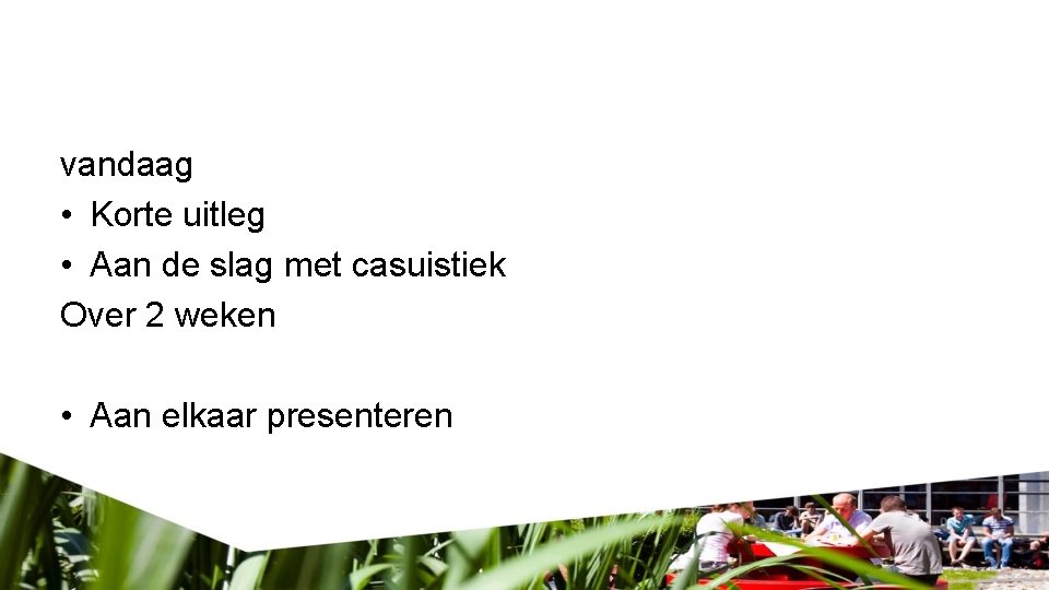 vandaag • Korte uitleg • Aan de slag met casuistiek Over 2 weken •