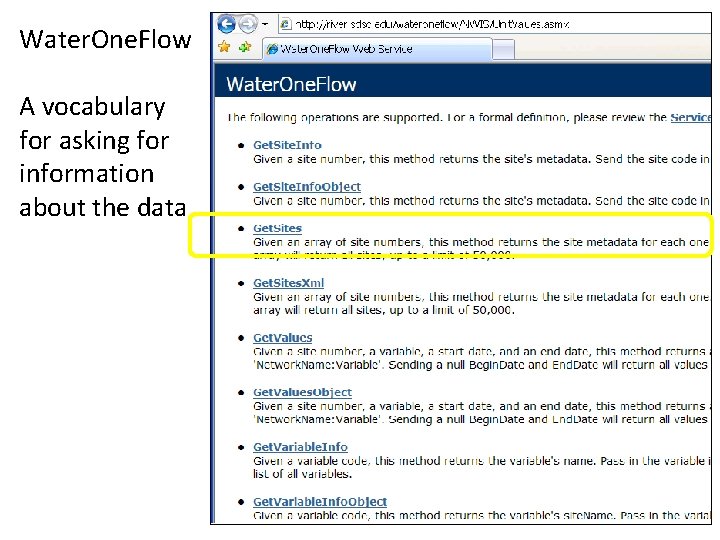 Water. One. Flow A vocabulary for asking for information about the data 