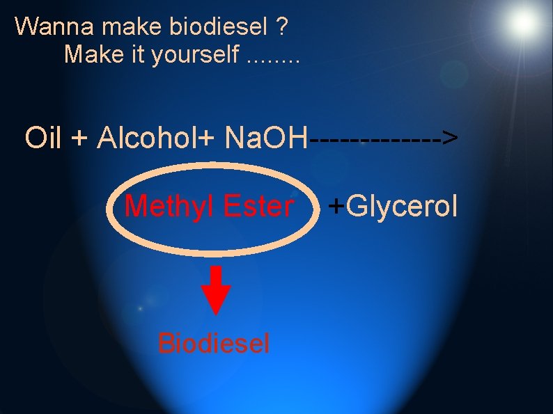 Wanna make biodiesel ? Make it yourself. . . . Oil + Alcohol+ Na.