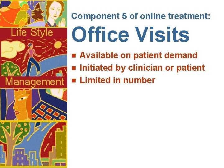 Component 5 of online treatment: Office Visits n n n Available on patient demand