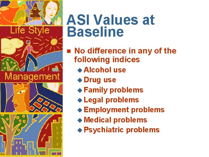 ASI Values at Baseline n No difference in any of the following indices u