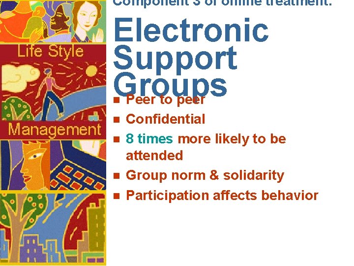 Component 3 of online treatment: Electronic Support Groups Peer to peer n n n