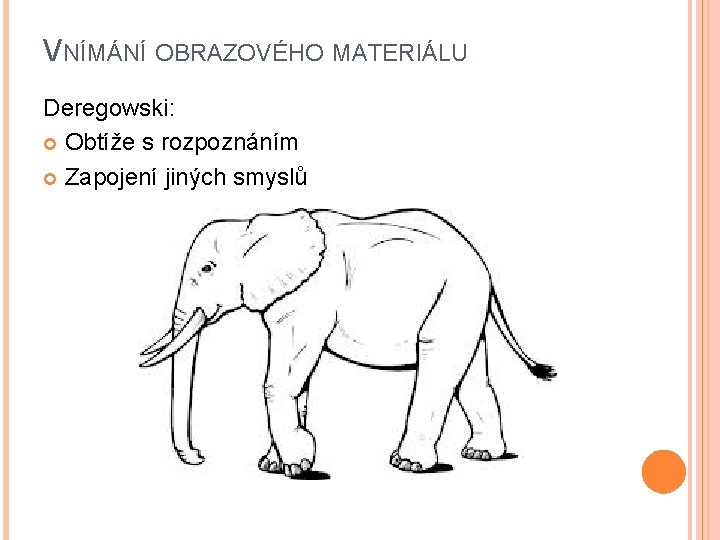 VNÍMÁNÍ OBRAZOVÉHO MATERIÁLU Deregowski: Obtíže s rozpoznáním Zapojení jiných smyslů 