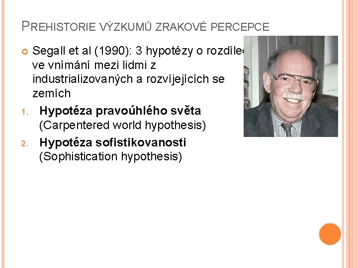 PREHISTORIE VÝZKUMŮ ZRAKOVÉ PERCEPCE Segall et al (1990): 3 hypotézy o rozdílech ve vnímání