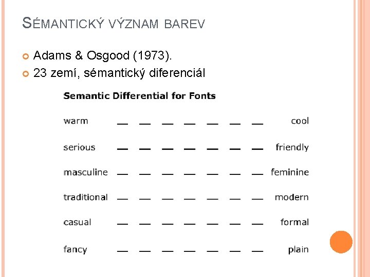 SÉMANTICKÝ VÝZNAM BAREV Adams & Osgood (1973). 23 zemí, sémantický diferenciál 