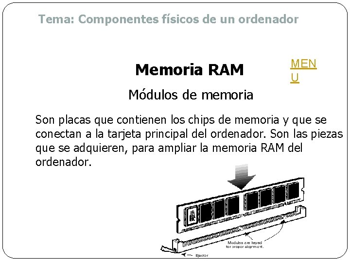 Tema: Componentes físicos de un ordenador Memoria RAM MEN U Módulos de memoria Son