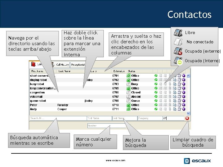 Contactos Navega por el directorio usando las teclas arriba/abajo Haz doble click sobre la