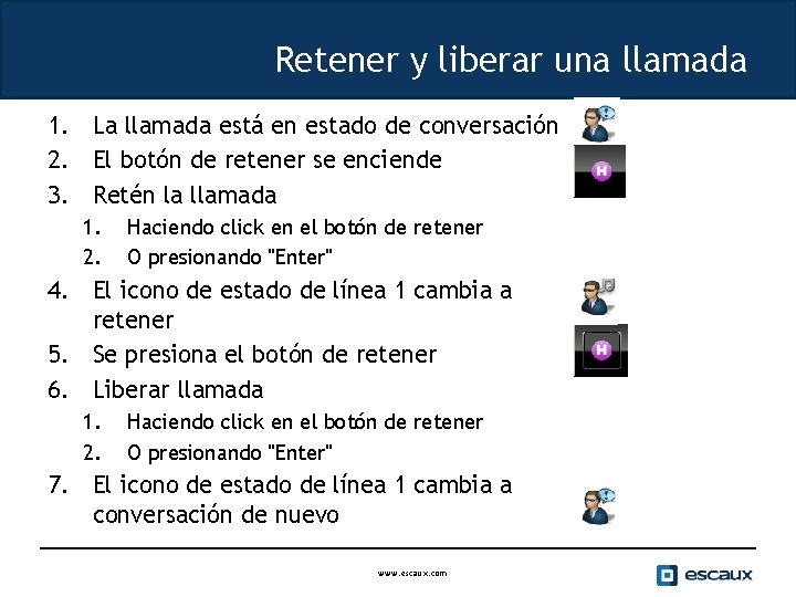 Retener y liberar una llamada 1. La llamada está en estado de conversación 2.