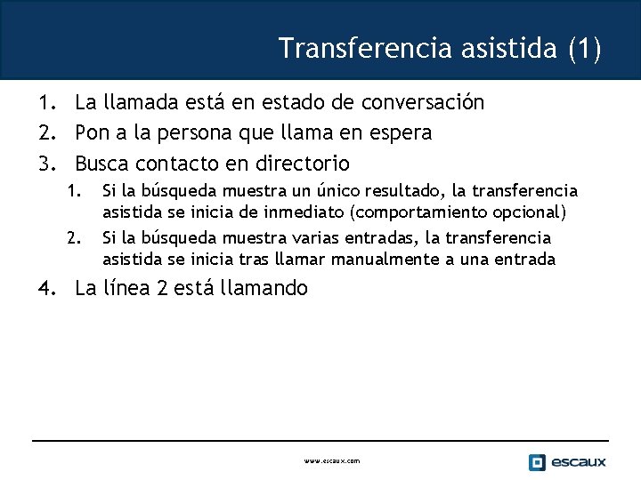 Transferencia asistida (1) 1. La llamada está en estado de conversación 2. Pon a