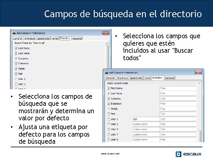 Campos de búsqueda en el directorio • Selecciona los campos que quieres que estén