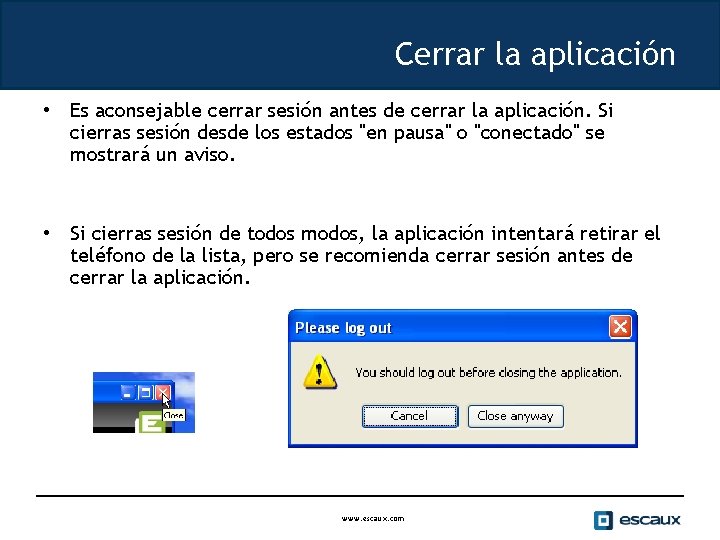 Cerrar la aplicación • Es aconsejable cerrar sesión antes de cerrar la aplicación. Si
