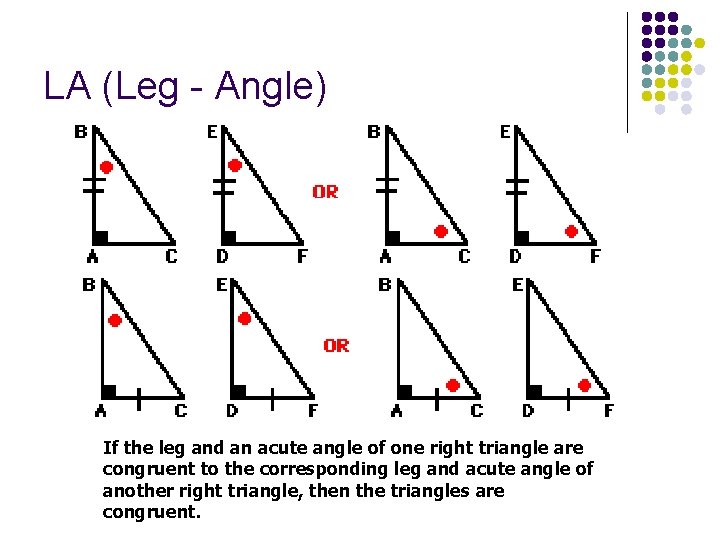 LA (Leg - Angle) If the leg and an acute angle of one right