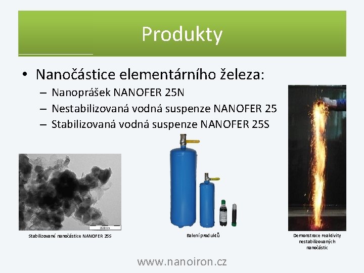 Produkty • Nanočástice elementárního železa: – Nanoprášek NANOFER 25 N – Nestabilizovaná vodná suspenze