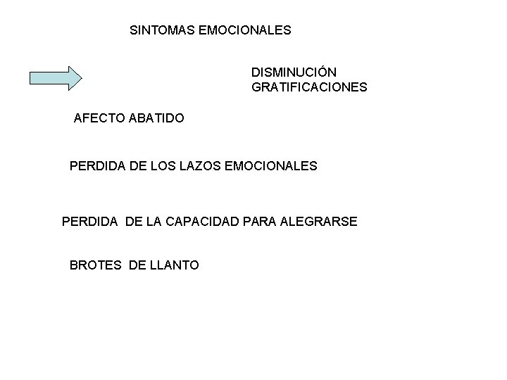 SINTOMAS EMOCIONALES DISMINUCIÓN GRATIFICACIONES AFECTO ABATIDO PERDIDA DE LOS LAZOS EMOCIONALES PERDIDA DE LA