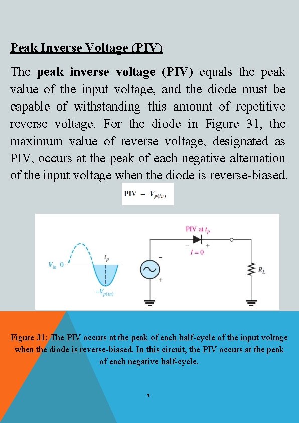 Peak Inverse Voltage (PIV) The peak inverse voltage (PIV) equals the peak value of