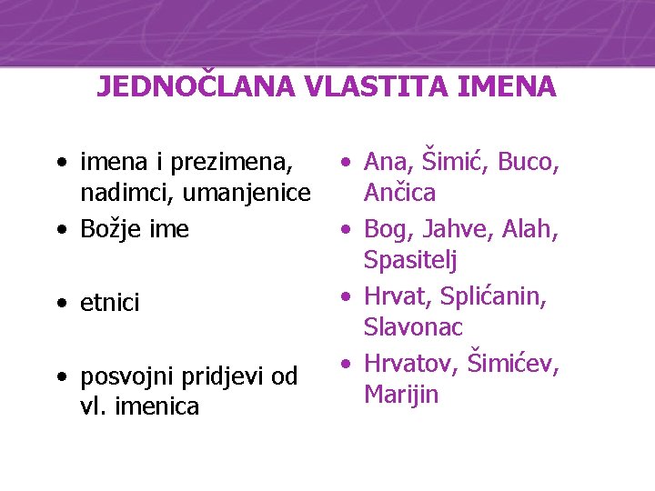 JEDNOČLANA VLASTITA IMENA • imena i prezimena, nadimci, umanjenice • Božje ime • etnici