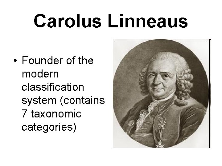 Carolus Linneaus • Founder of the modern classification system (contains 7 taxonomic categories) 