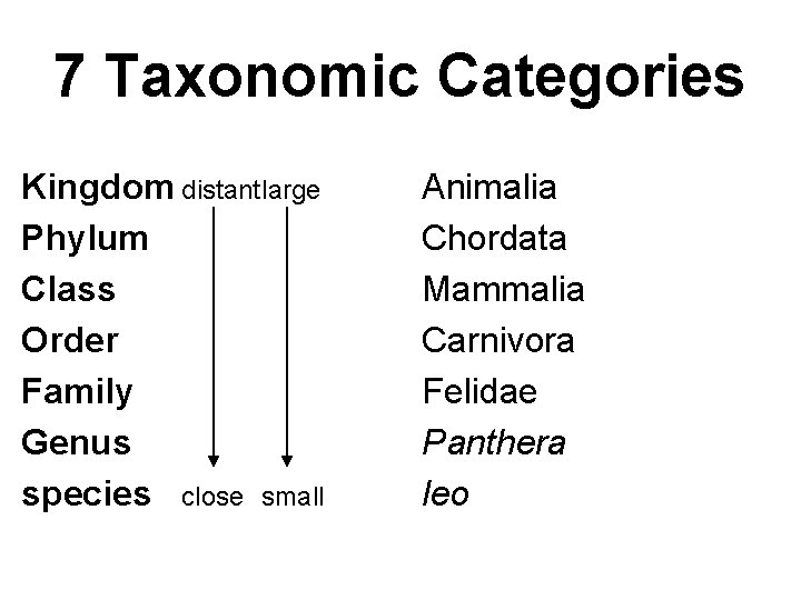 7 Taxonomic Categories Kingdom distantlarge Phylum Class Order Family Genus species close small Animalia