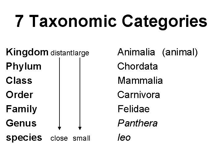 7 Taxonomic Categories Kingdom distantlarge Phylum Class Order Family Genus species close small Animalia