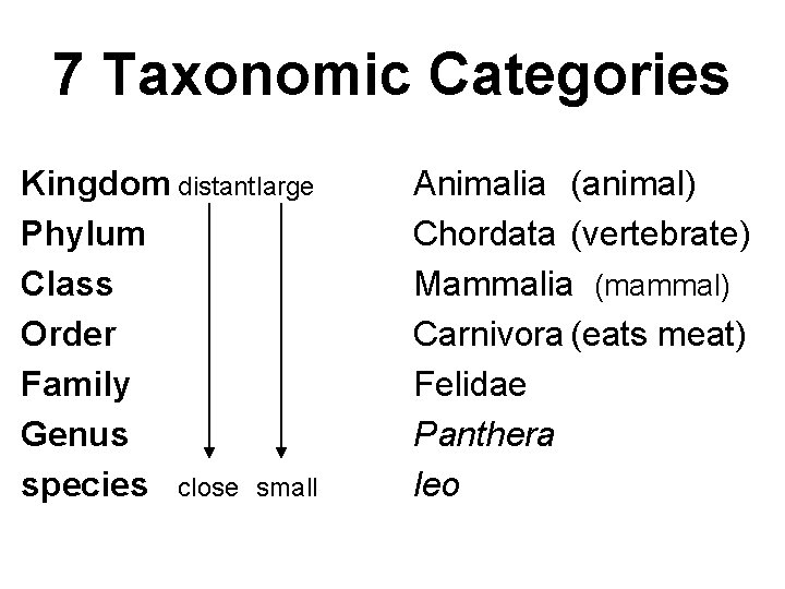 7 Taxonomic Categories Kingdom distantlarge Phylum Class Order Family Genus species close small Animalia