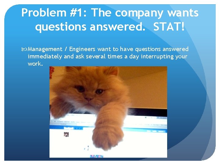 Problem #1: The company wants questions answered. STAT! Management / Engineers want to have