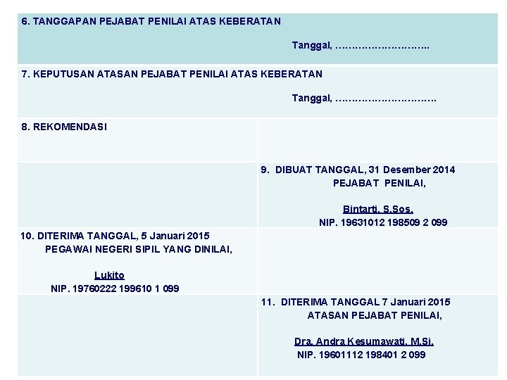 6. TANGGAPAN PEJABAT PENILAI ATAS KEBERATAN Tanggal, ……………. . 7. KEPUTUSAN ATASAN PEJABAT PENILAI