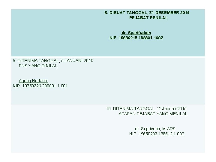 8. DIBUAT TANGGAL, 31 DESEMBER 2014 PEJABAT PENILAI, dr. Syarifuddin NIP. 19680215 198801 1002