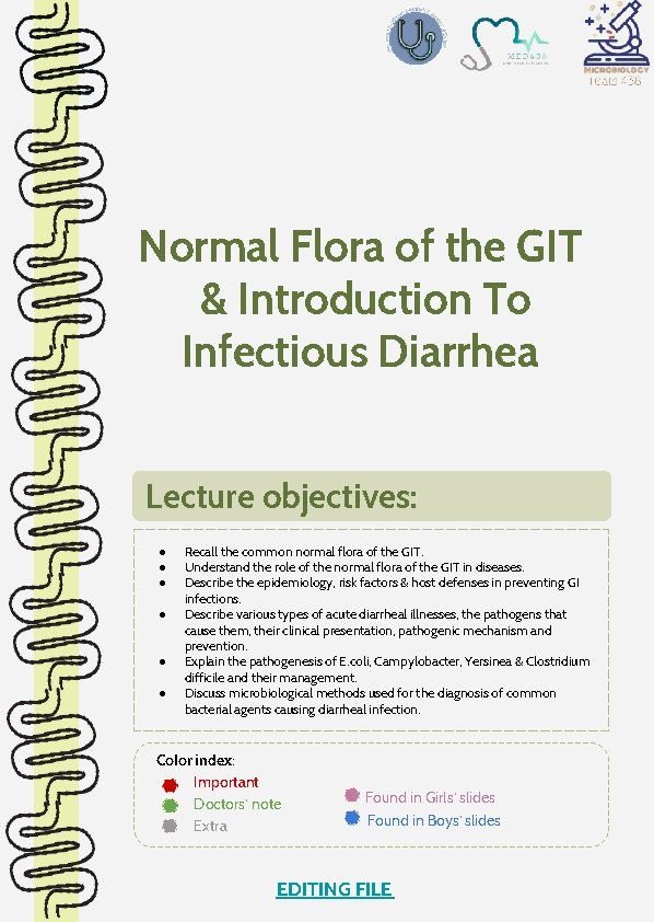 Normal Flora of the GIT & Introduction To Infectious Diarrhea Lecture objectives: ● ●