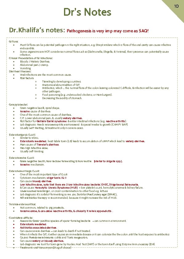 Dr’s Notes Dr. Khalifa’s notes: Pathogenesis is very imp may come as SAQ! GI