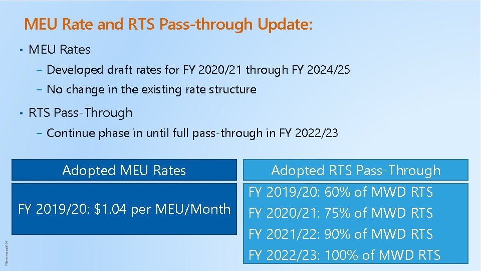 MEU Rate and RTS Pass-through Update: • MEU Rates − Developed draft rates for