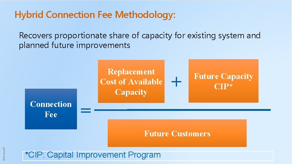 Hybrid Connection Fee Methodology: Recovers proportionate share of capacity for existing system and planned
