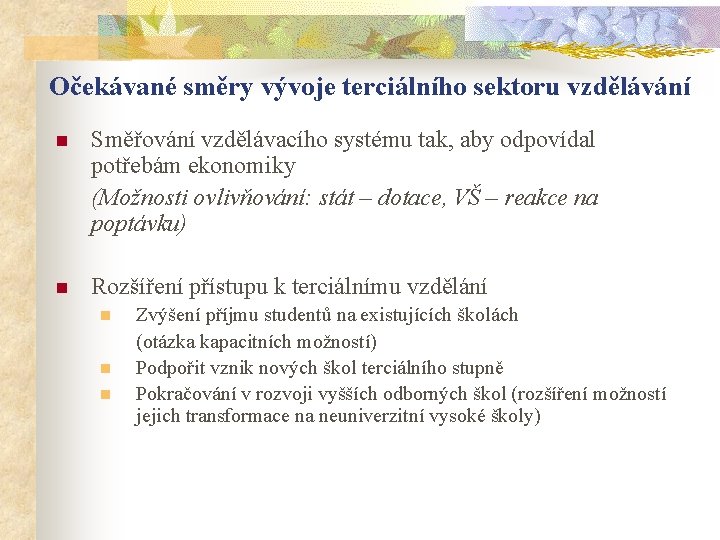 Očekávané směry vývoje terciálního sektoru vzdělávání n Směřování vzdělávacího systému tak, aby odpovídal potřebám