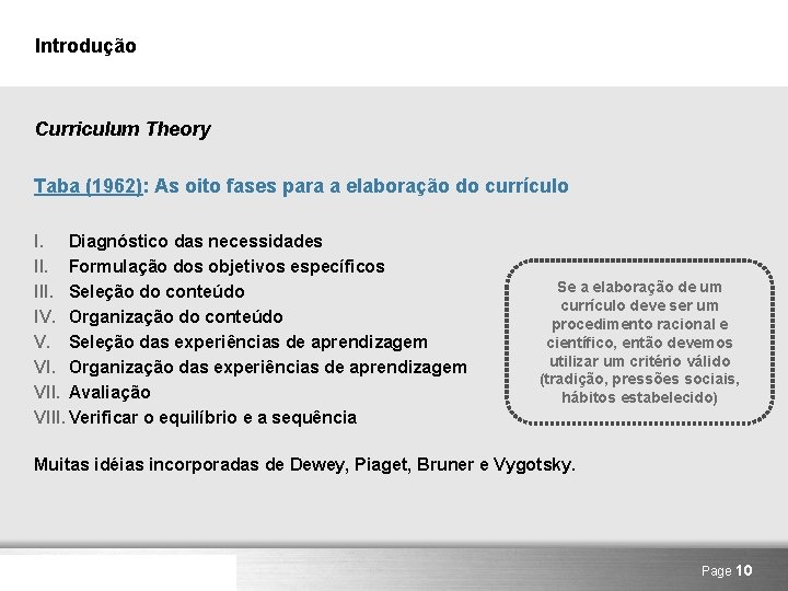 Introdução Curriculum Theory Taba (1962): As oito fases para a elaboração do currículo I.