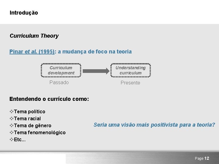 Introdução Curriculum Theory Pinar et al. (1995): a mudança de foco na teoria Curriculum