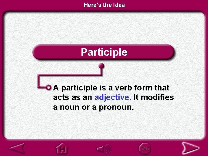 Here’s the Idea Participle A participle is a verb form that acts as an