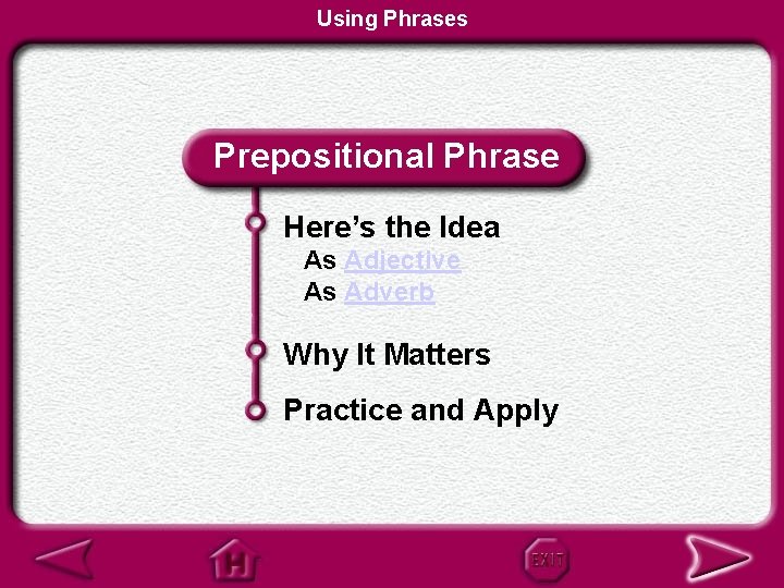 Using Phrases Prepositional Phrase Here’s the Idea As Adjective As Adverb Why It Matters